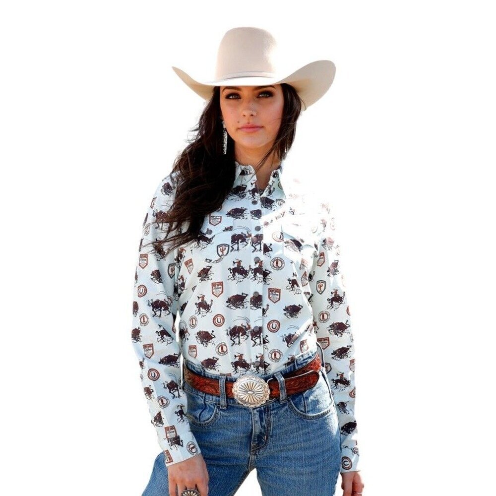 Cruel Denim Women's 2XL Long Sleeve Western Print Snap Shirt Light Blue